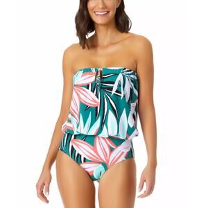 Anne Cole Blouson One Piece Swimsuit Tropical Green Size 6 Slimming Bandeau New